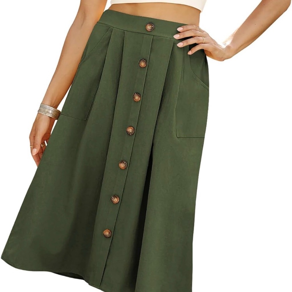 Casual  Green Button-Down Skirt
